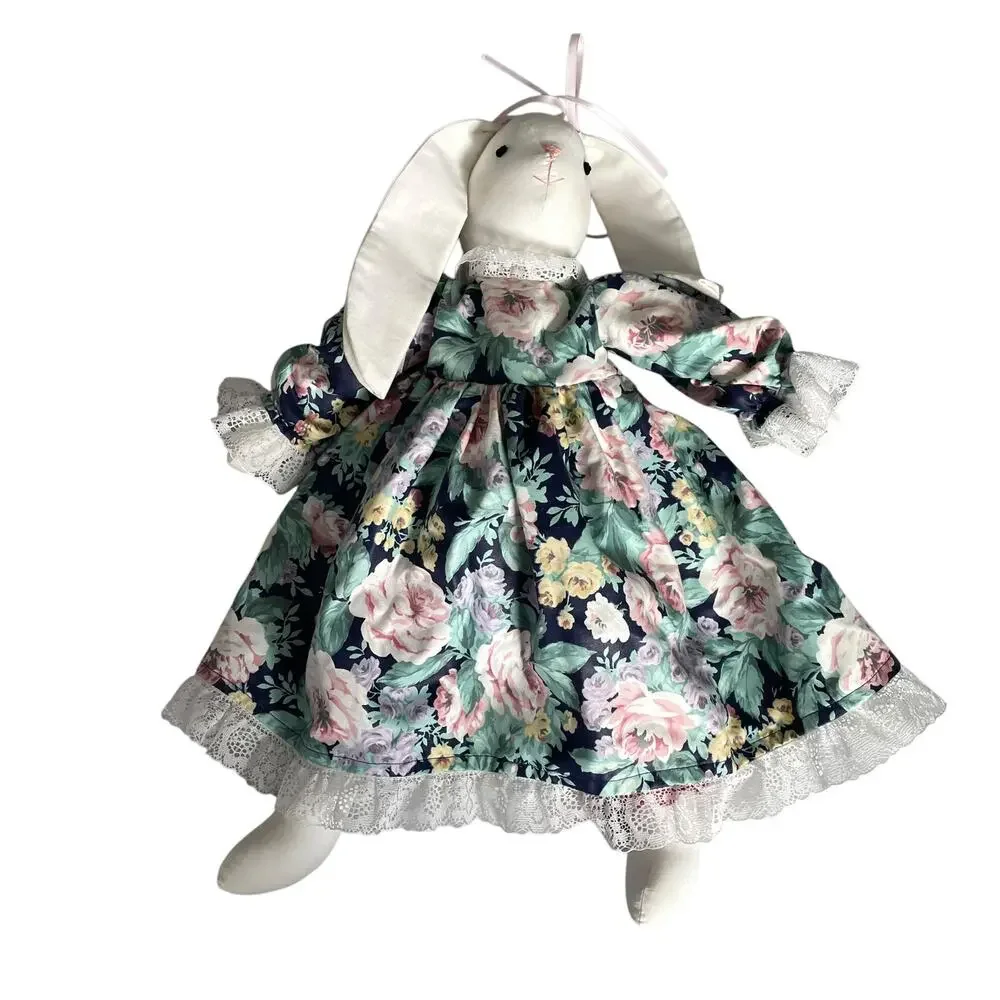 Vintage Cloth Bunny Rabbit Doll Primitive Country Calico Floral Dress 80's 90's